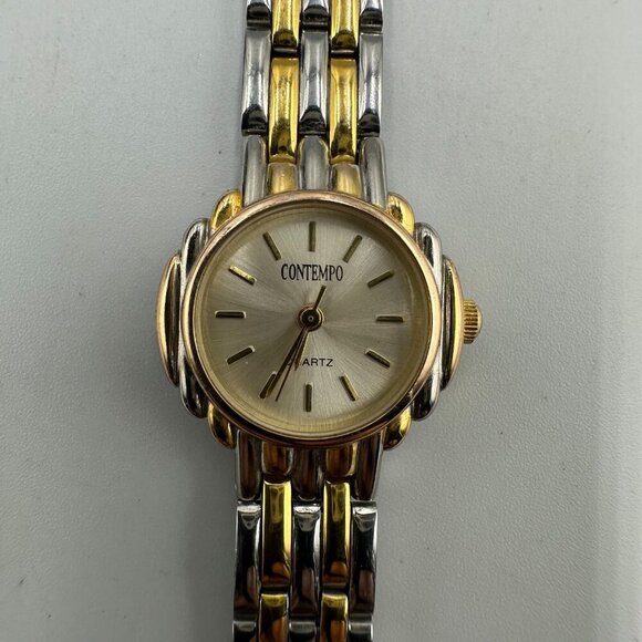 3/$30 Vintage Contempo Watch Women Silver Gold Round 23MM Case Works 6.5" - Picture 3 of 14